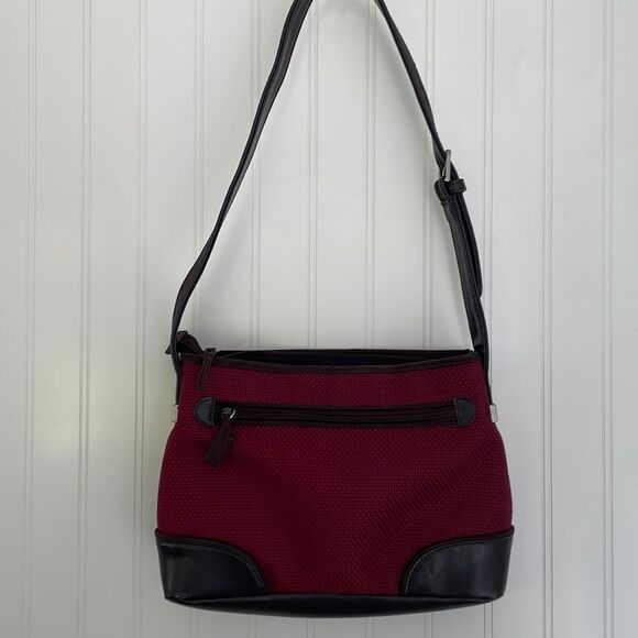 The Sak Handbags - The Sak Shoulder Bag Burgundy Fabric/Faux Brown Suede & Leather Trim zipper